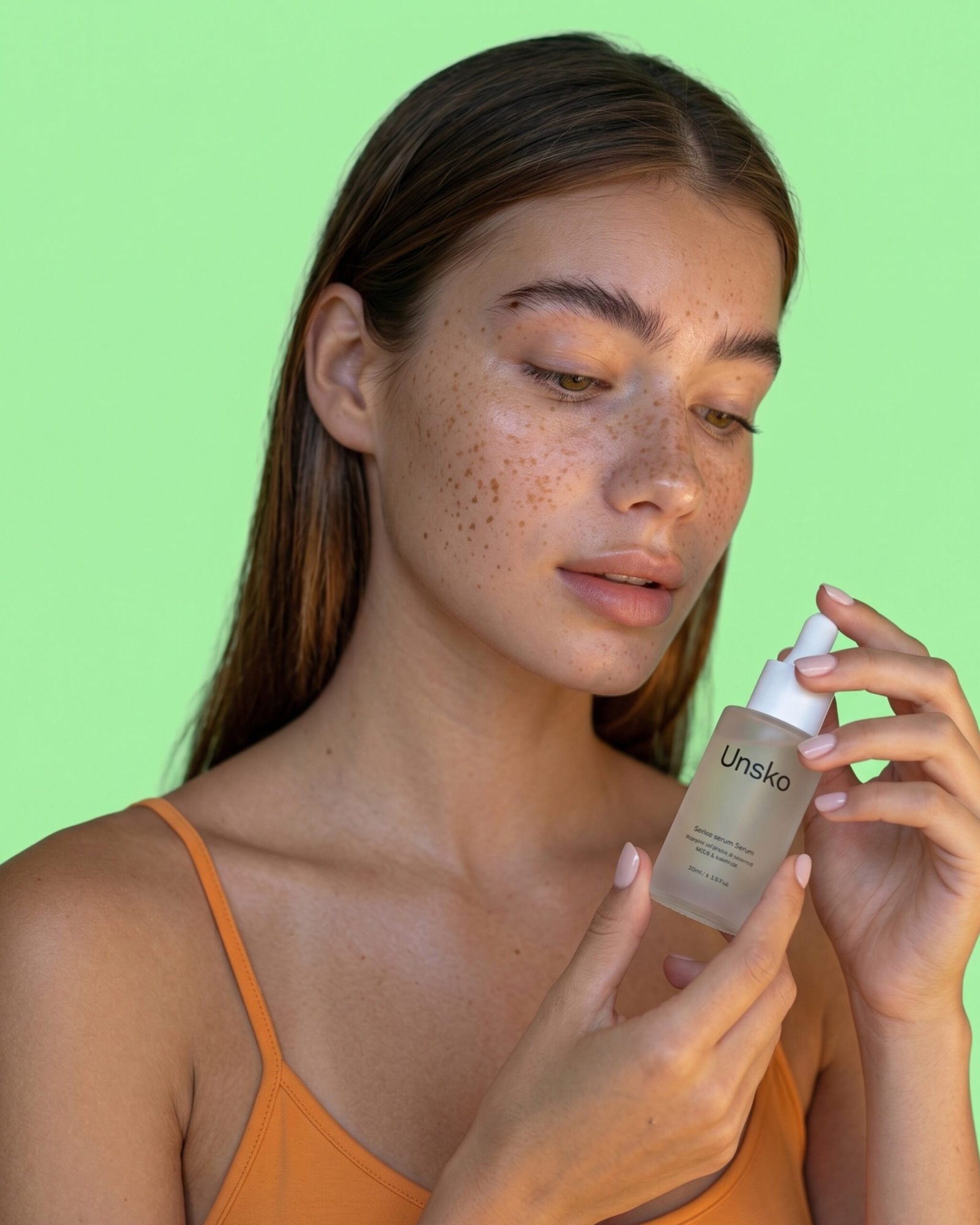 Modelo aplicándose sérum facial