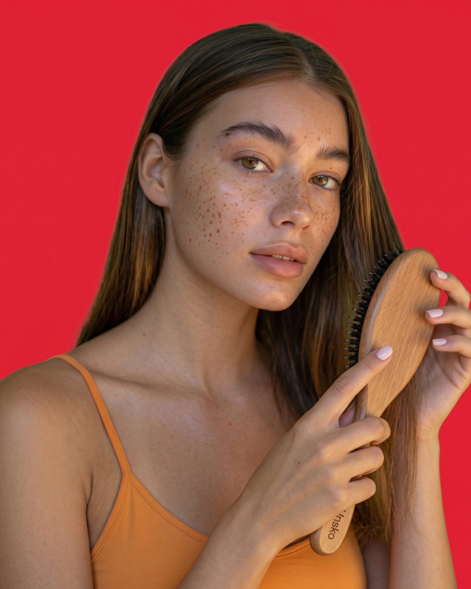 Modelo cepillándose el cabello