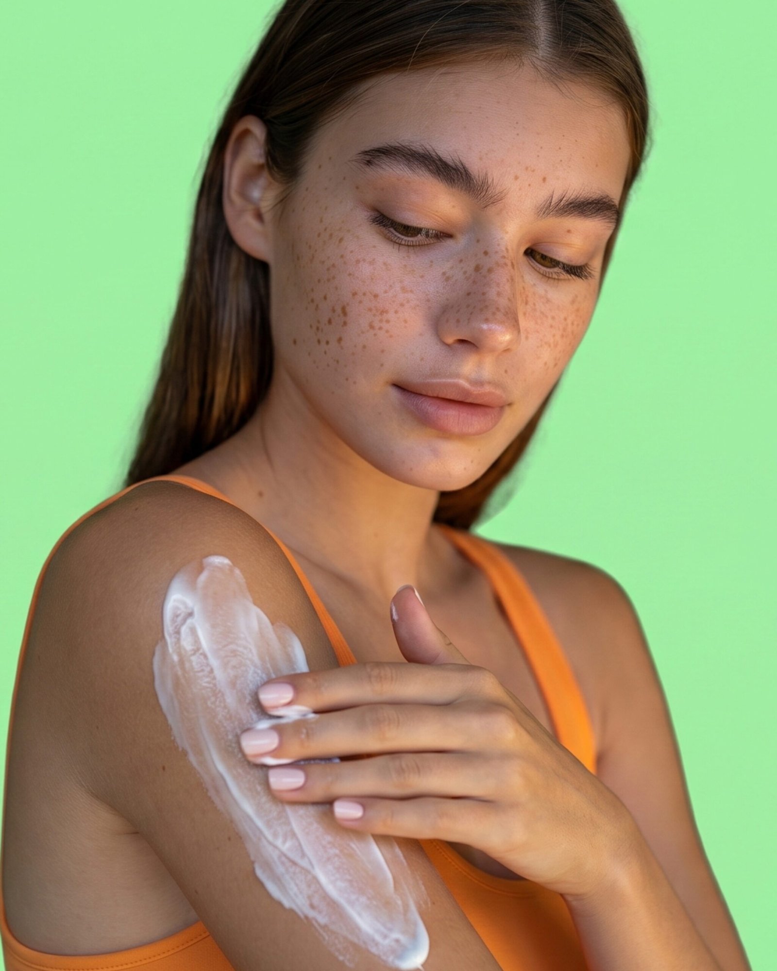 Modelo aplicándose crema corporal