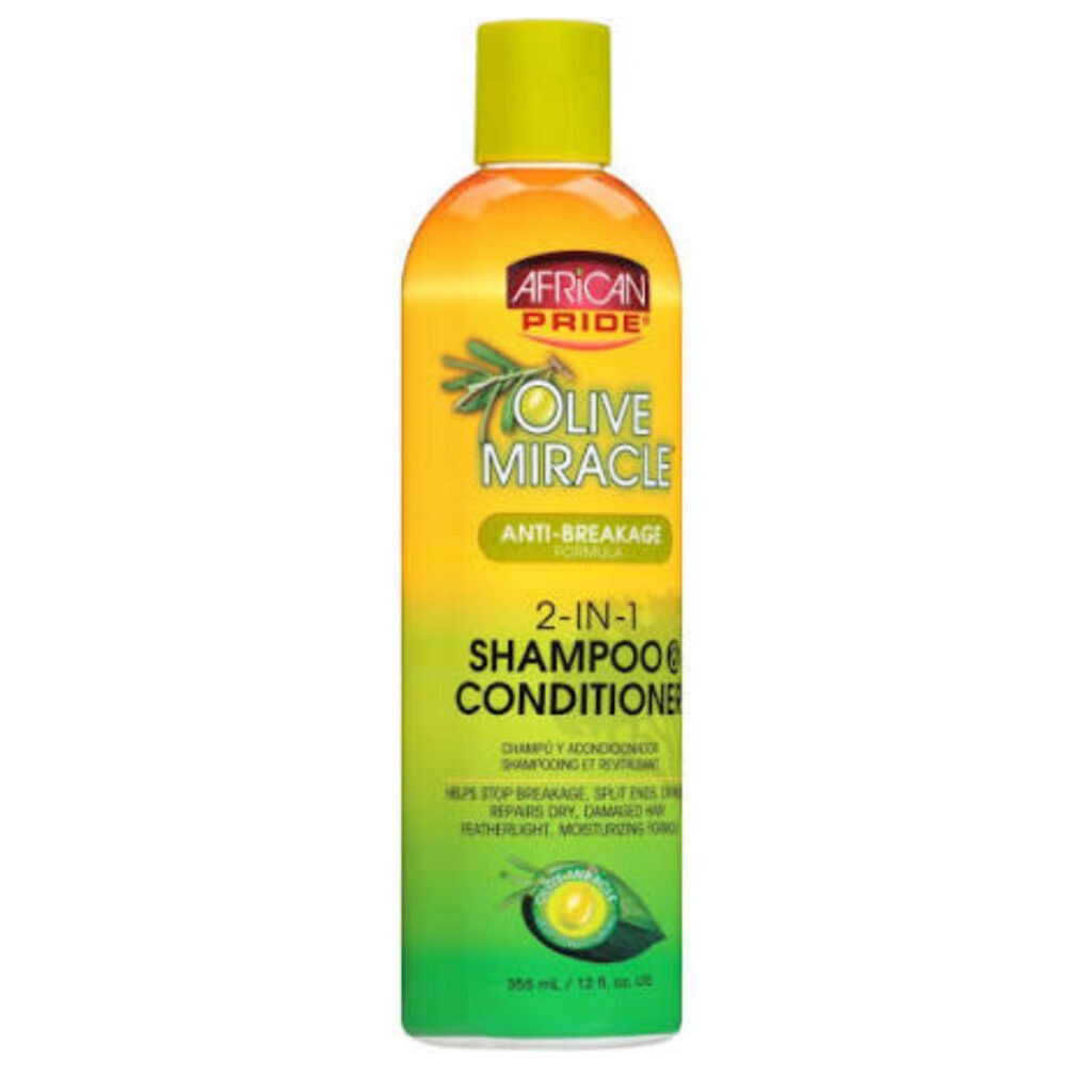 AFRICAN PRIDE SHAMPOO Y ACONDICIONADOR 2N1 OLIVE MIRACLE FORMULA ANTIQUIEBRE 12 OZ