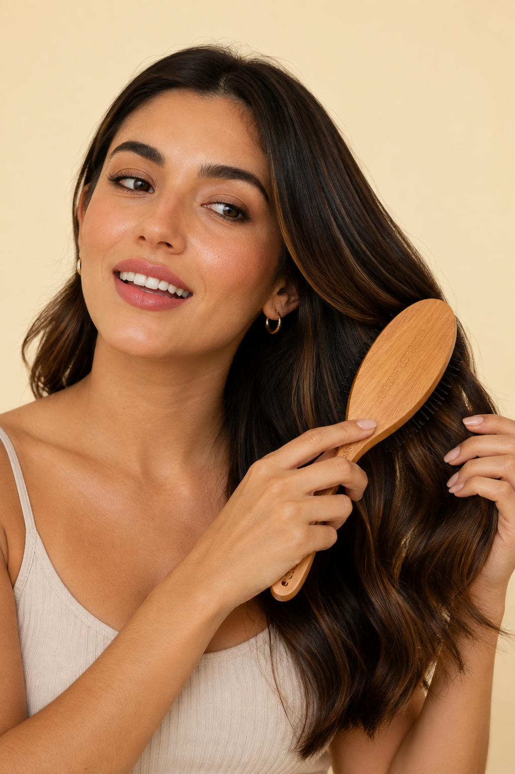 Modelo cepillándose el cabello