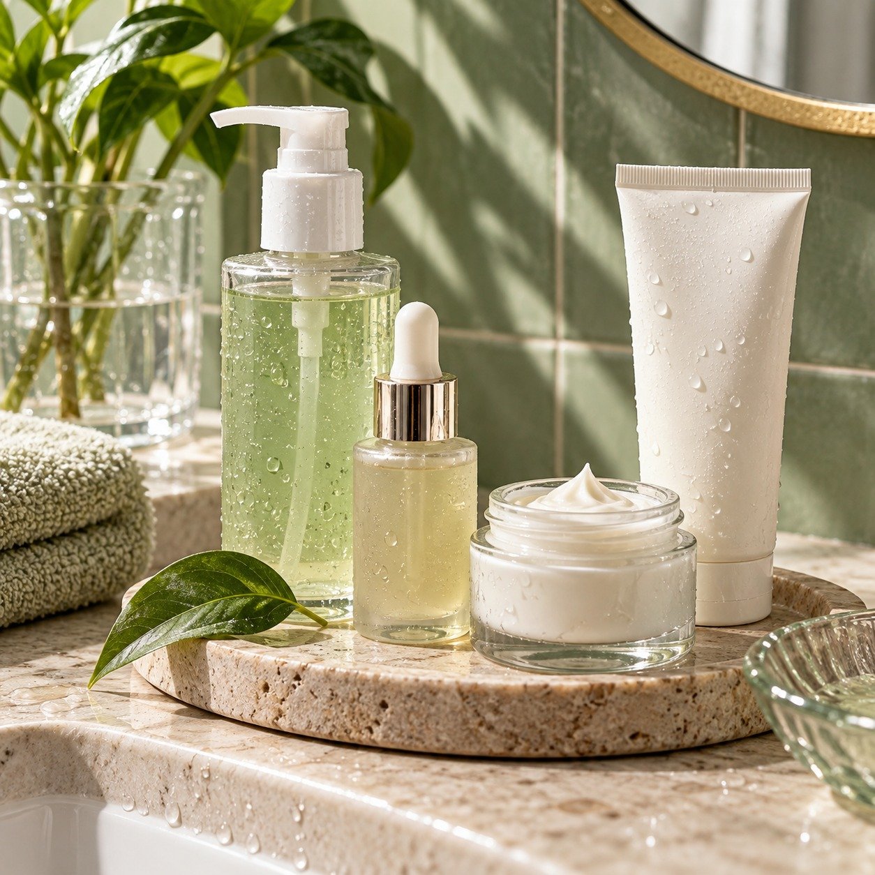 Productos de skincare: limpiador, sérums y crema facial