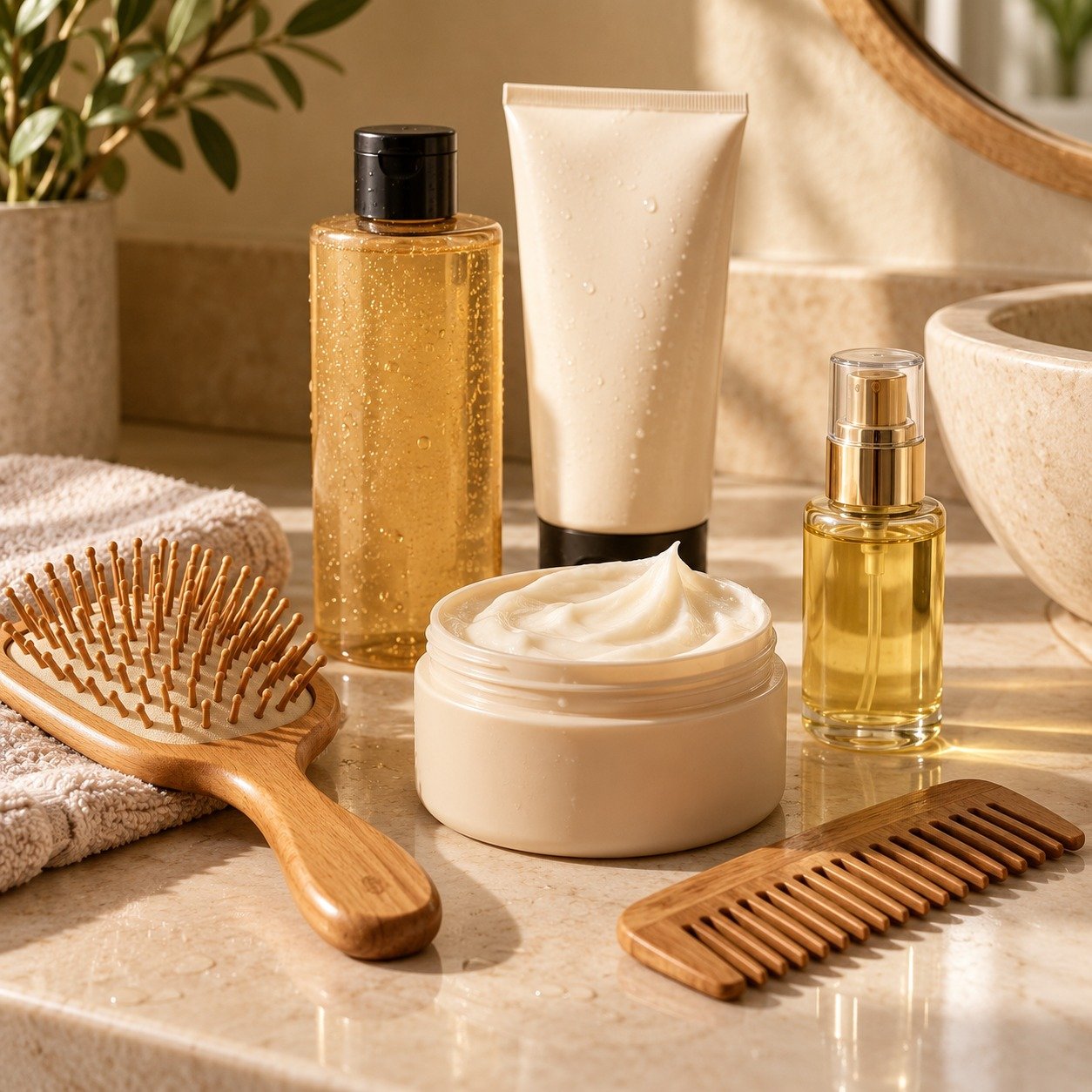 Productos para el cabello: shampoo, crema, cepillo y peine de madera