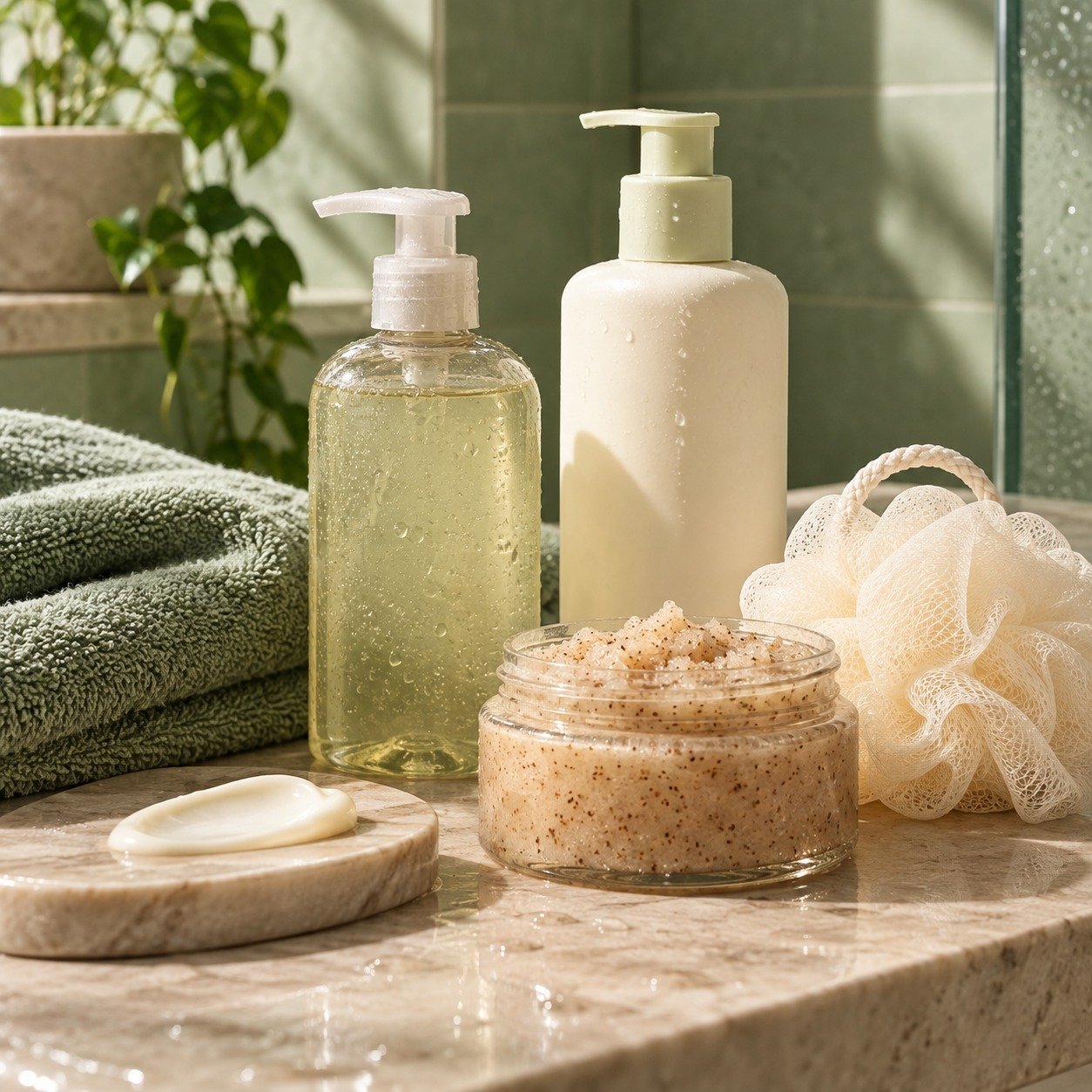 Productos para el cuerpo: jabón líquido, crema, exfoliante y esponja de baño