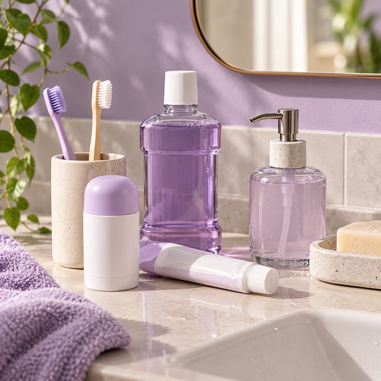 Productos de higiene: enjuague bucal, cepillos de dientes, desodorante y jabón