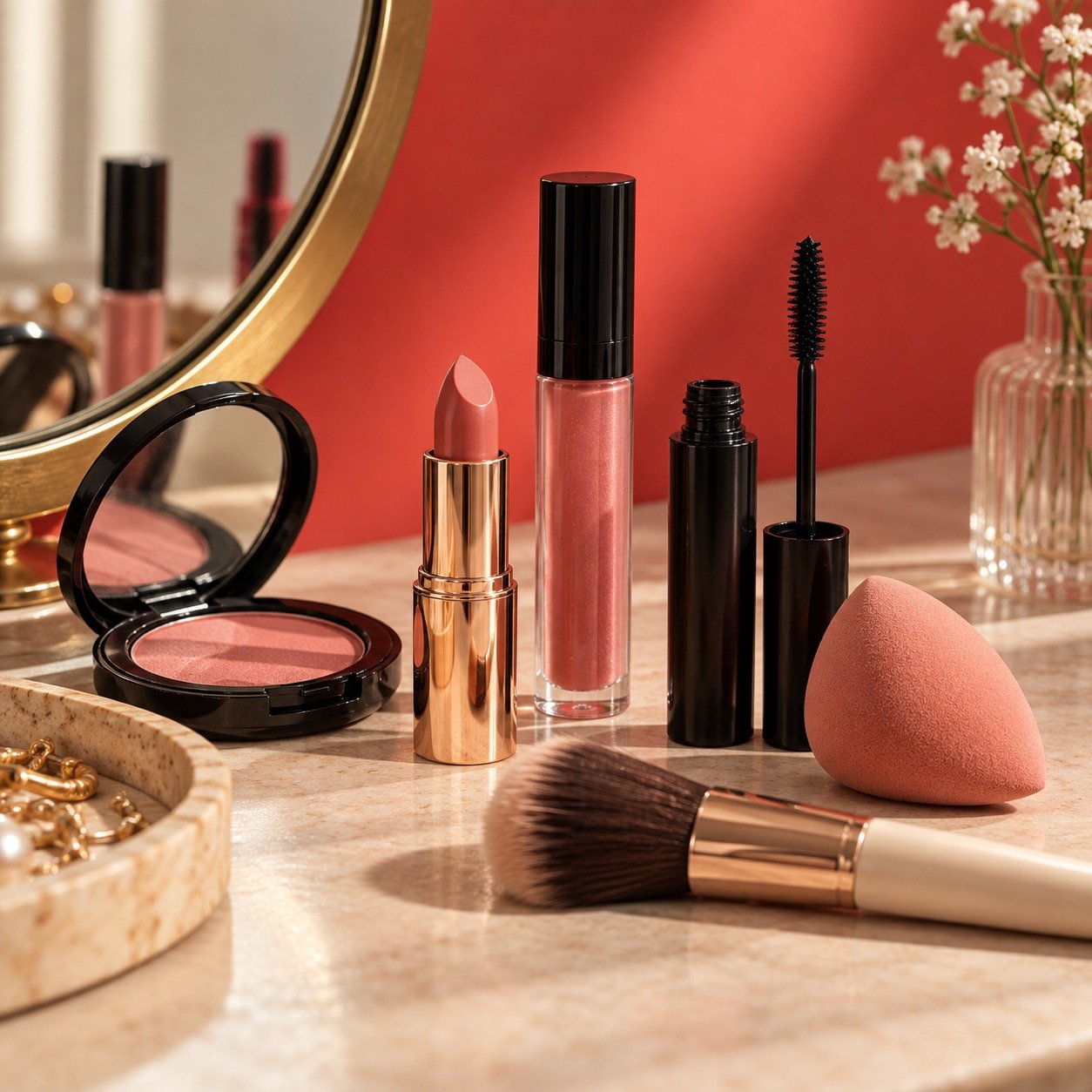 Productos de maquillaje: labial, brochas, polvo compacto y esponja sobre un tocador